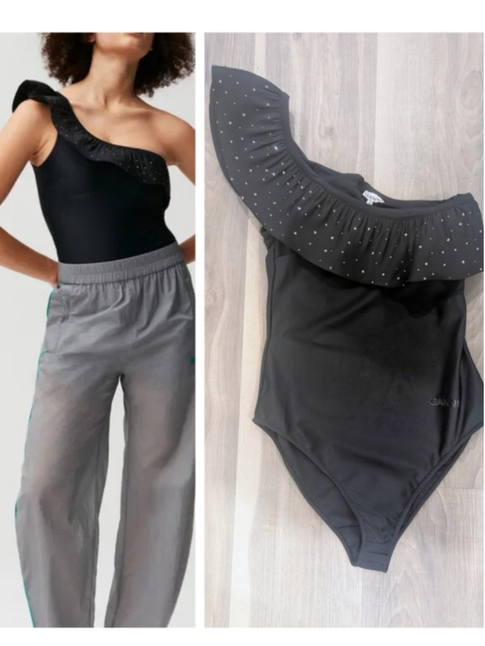 GANNI | Ruffled Rhinestone One-Shoulder Bodysuit In Black